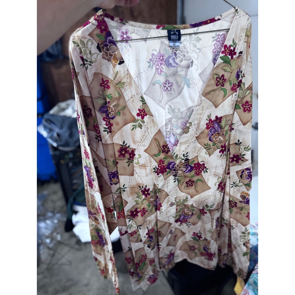 Barco Uniforms Floral Patchwork Scrub Top V-Neck Long Sleeve Tan Purple 4XL